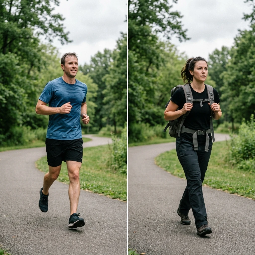 Side-by-side comparison of a runner jogging and a person rucking with a weighted backpack on the same trail, summarizing rucking vs running.