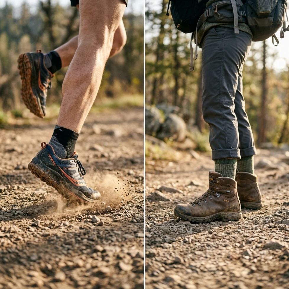 Close-up comparison of a runner's foot striking the trail versus a rucker's planted stride, showing the joint-impact difference between running and rucking.