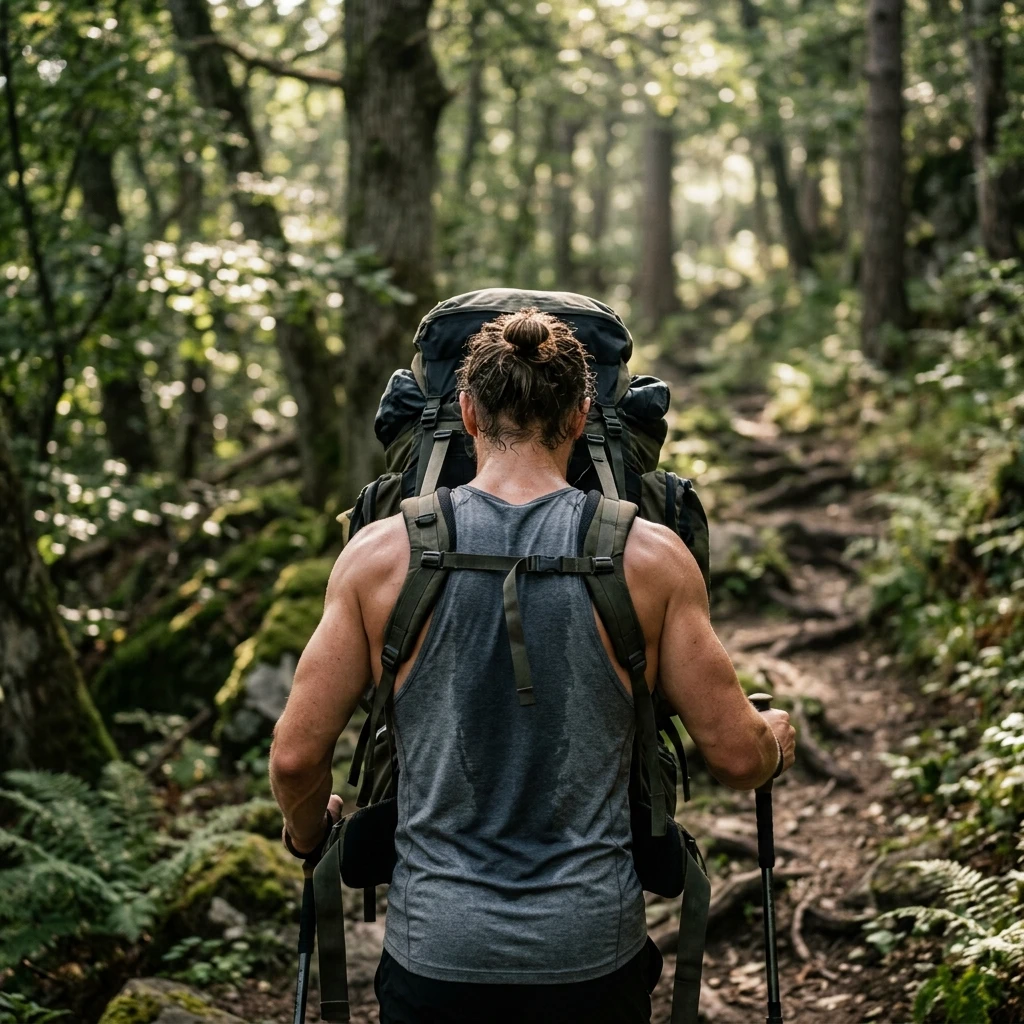 Rear view of a person rucking with a loaded backpack, shoulder straps engaging the traps and posterior-chain muscles.