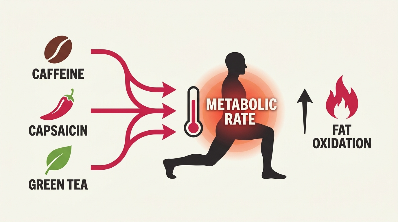 Diagram of how a thermogenic pre-workout raises metabolic rate and fat oxidation during exercise