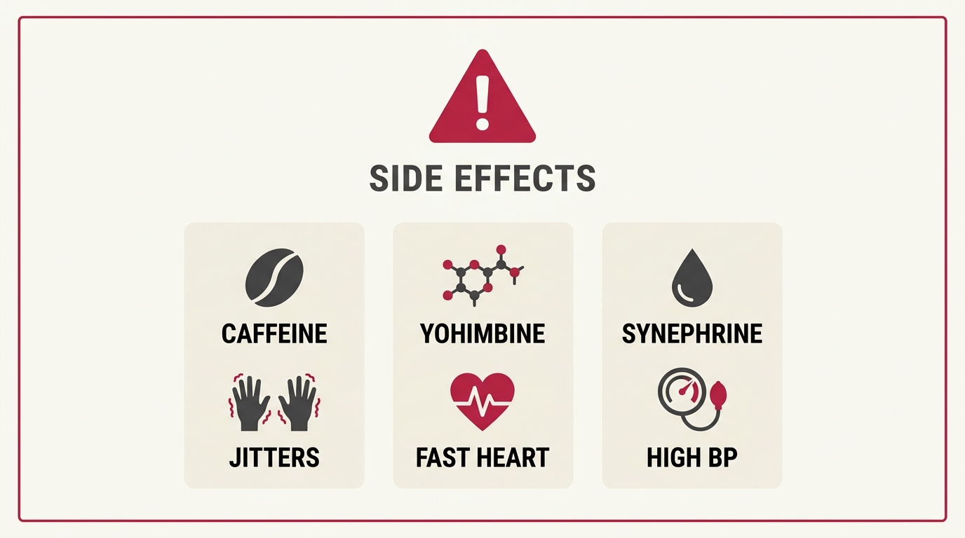 Infographic of thermogenic pre-workout side effects — caffeine jitters, yohimbine and synephrine cardiovascular risks