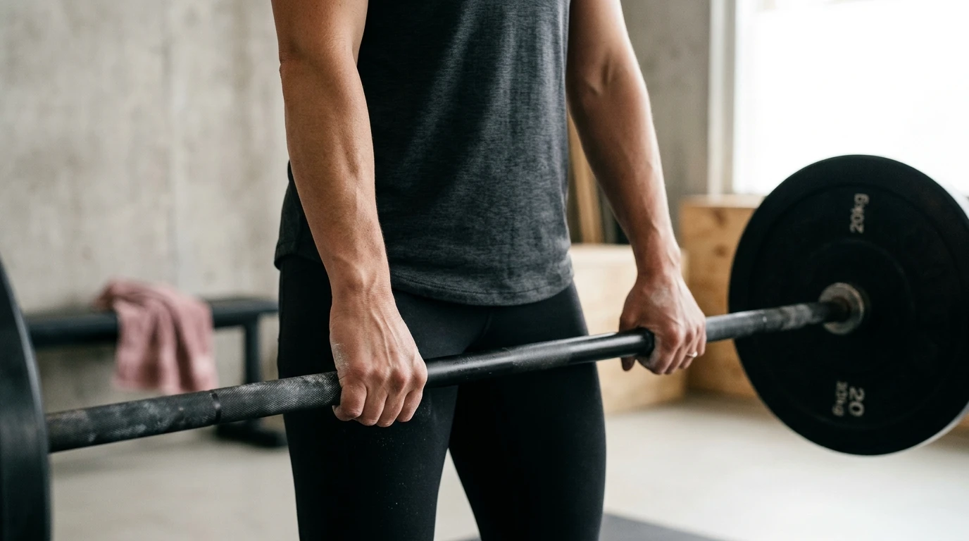 A woman's chalked hands gripping a loaded barbell mid-lift in a calm gym, no face shown, steady training without bloat