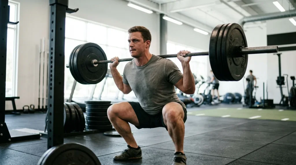 Lifter performing a barbell back squat on a lower-body day of a 4-day workout split