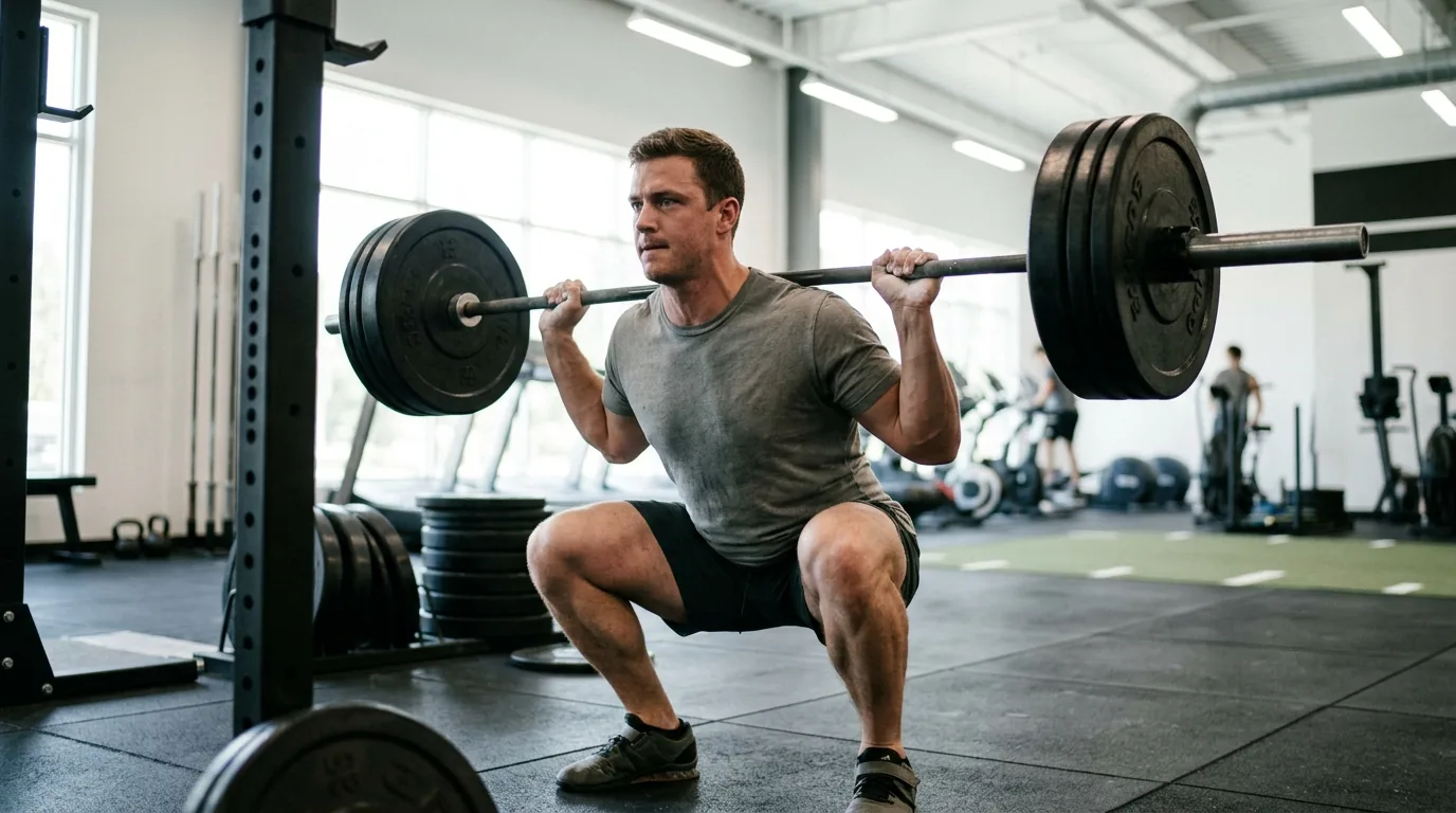 Lifter performing a barbell back squat on a lower-body day of a 4-day workout split