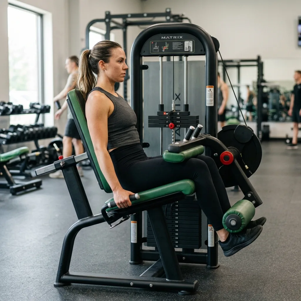 Correct setup on the seated leg curl, one of the key leg workout machines, with the thigh pad snug and knees aligned to the pivot