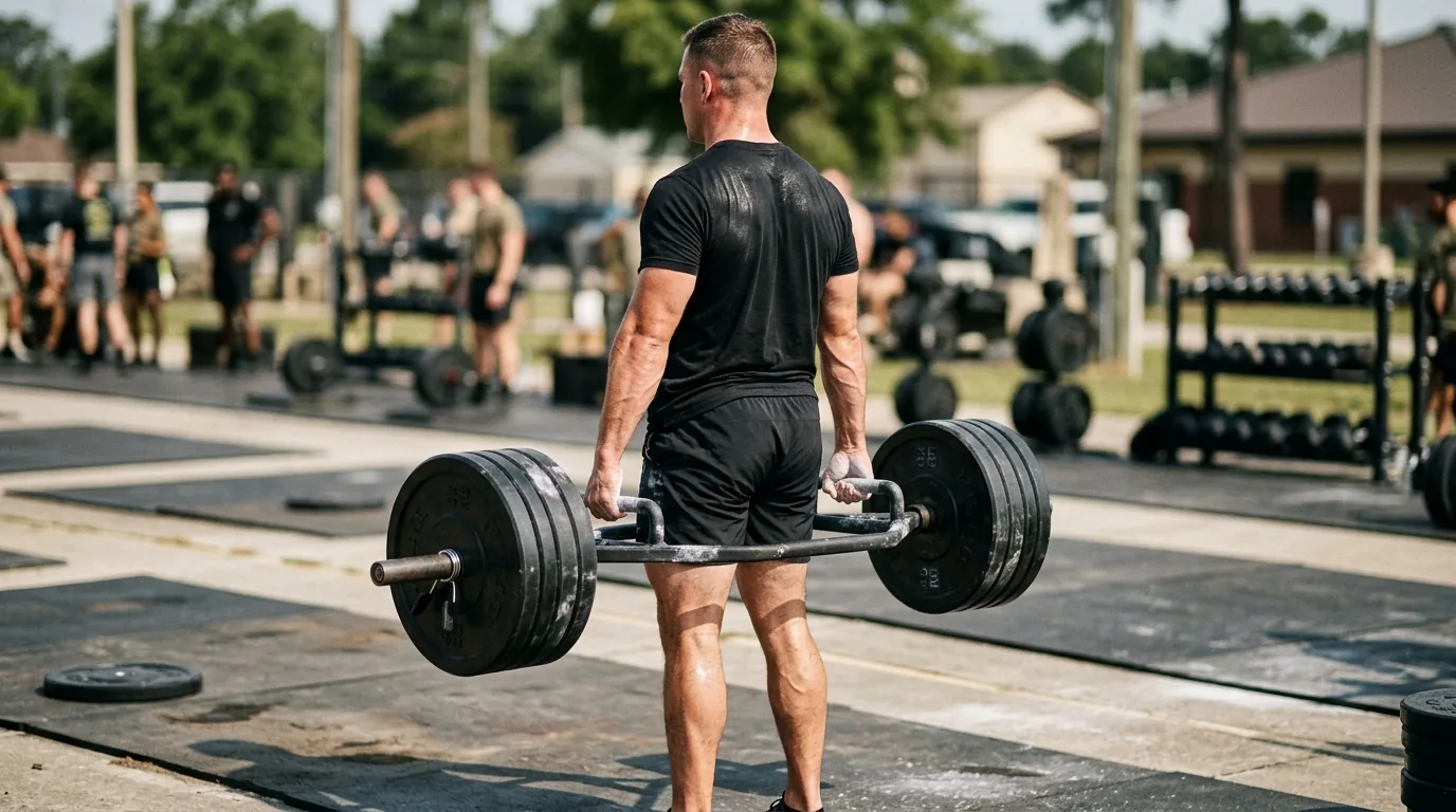 Soldier in Army PT uniform performing the 3-rep max deadlift during the Army Fitness Test