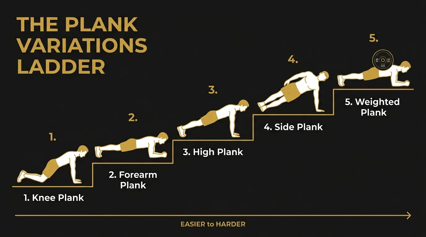 Plank progression ladder showing knee plank, forearm plank, high plank, side plank, and weighted plank