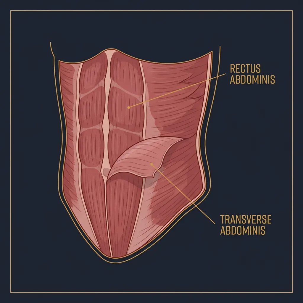Anatomy diagram comparing the transverse abdominis and rectus abdominis muscle layers