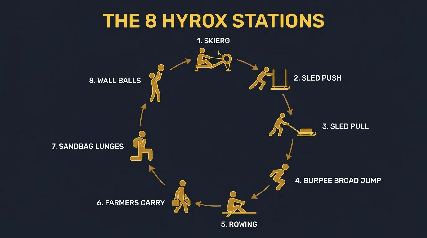 Diagram of all 8 HYROX stations in official race order