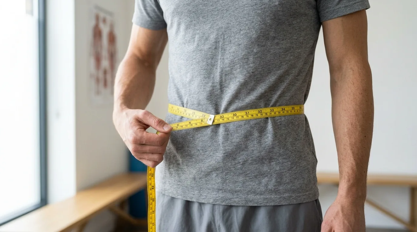Sailor measuring waist with a cloth tape at navel level for the Navy body composition assessment.