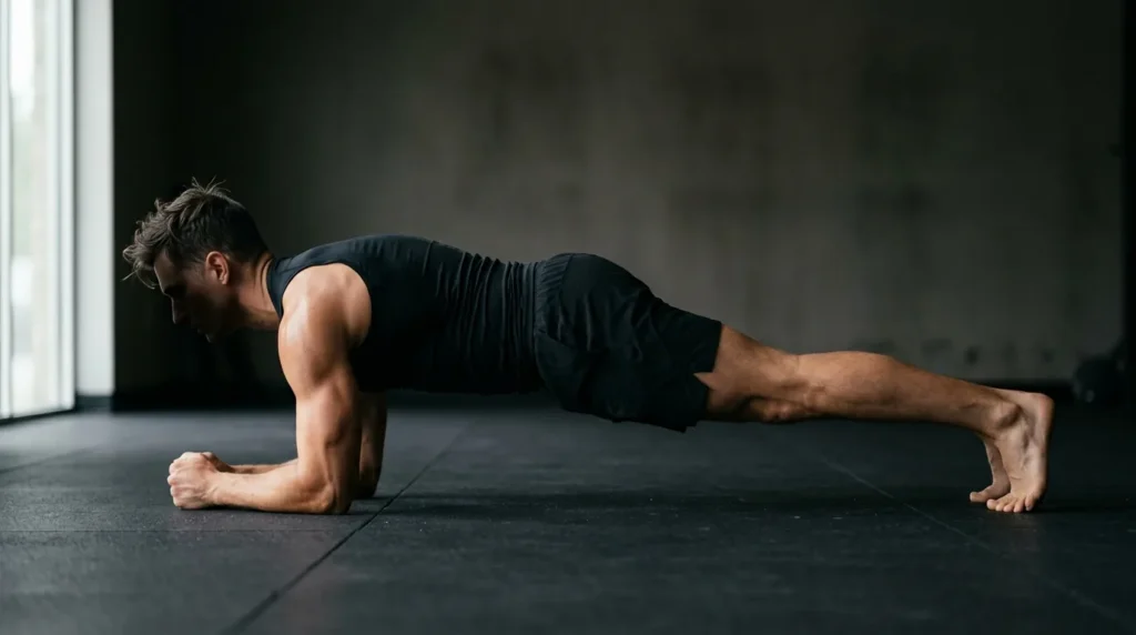 Athlete holding a strict forearm abdominal plank with a straight, neutral spine