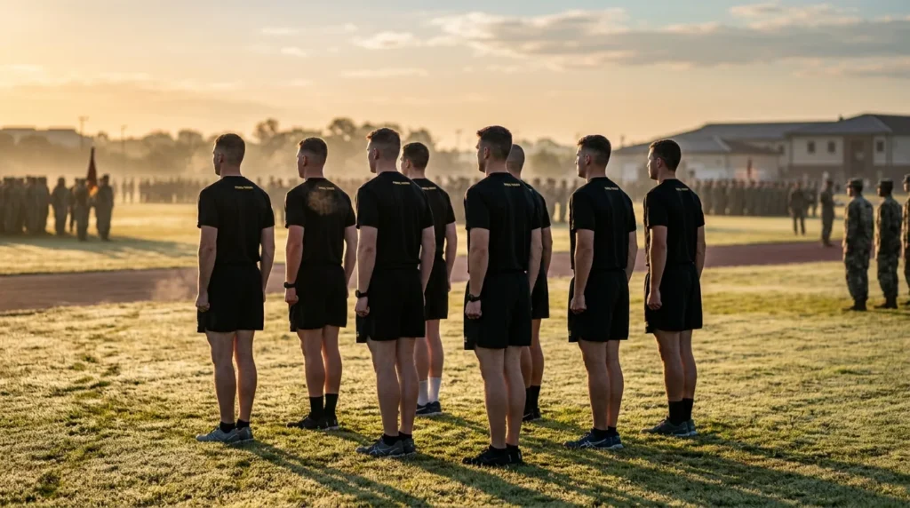 Soldiers wearing the black and gold Army PT uniform (APFU) during morning physical training