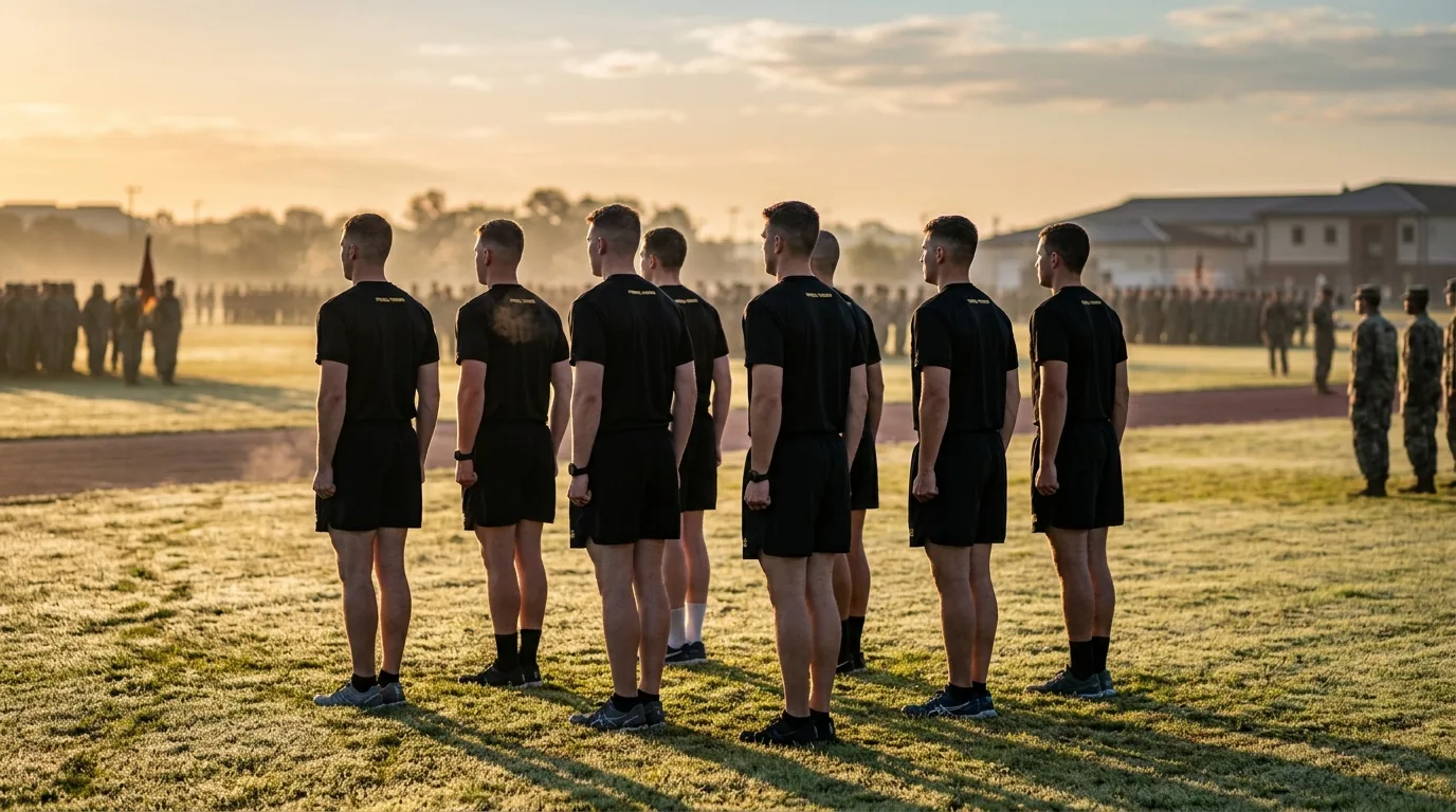 Soldiers wearing the black and gold Army PT uniform (APFU) during morning physical training
