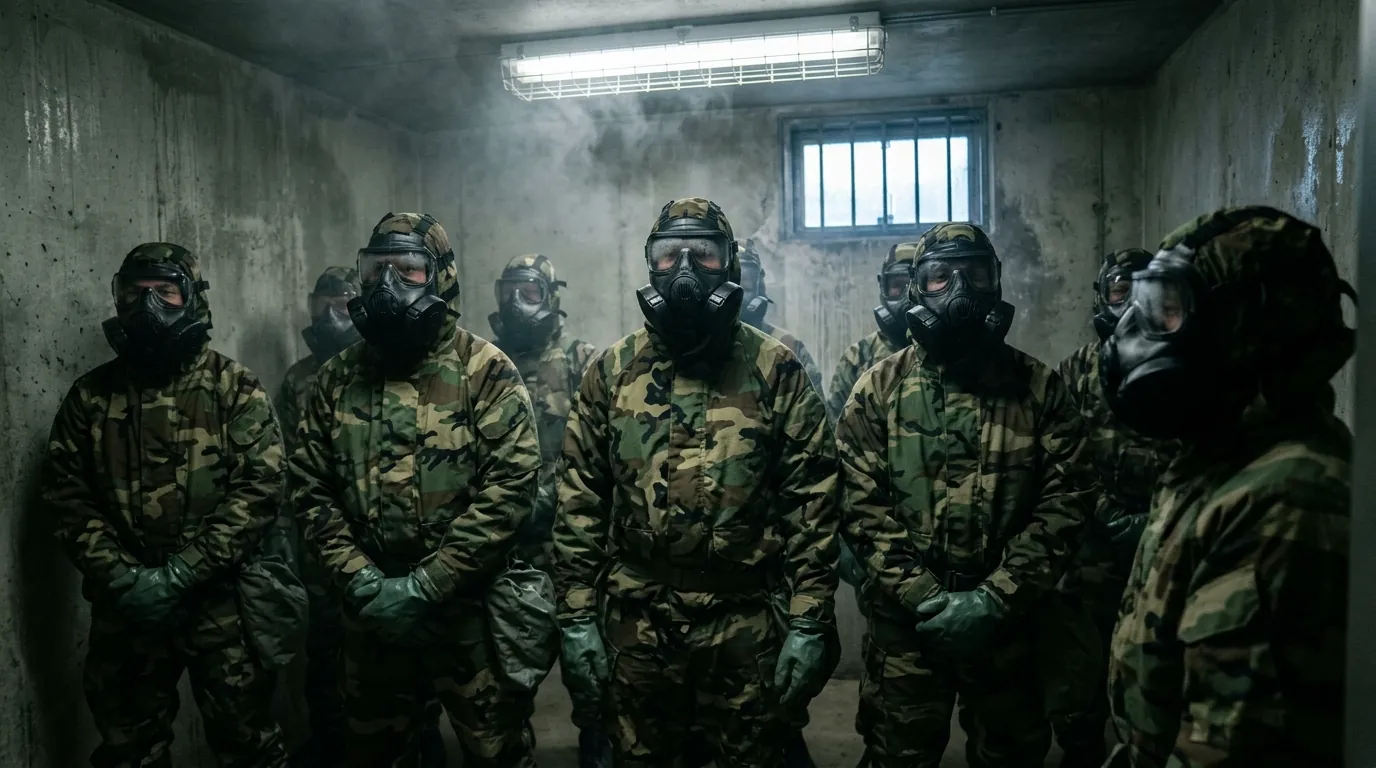 Recruits wearing gas masks and MOPP gear inside the CBRN confidence chamber