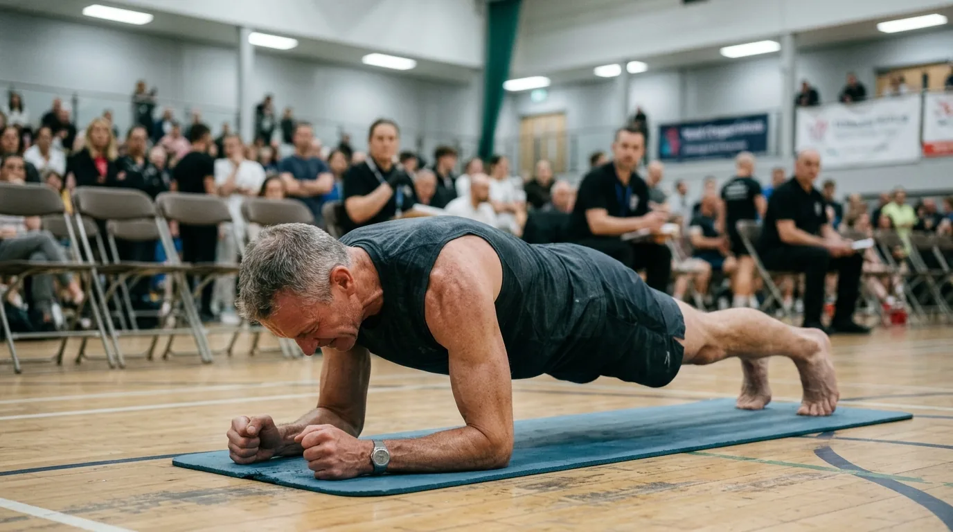 Man holding a long-duration abdominal plank during a Guinness World Record attempt