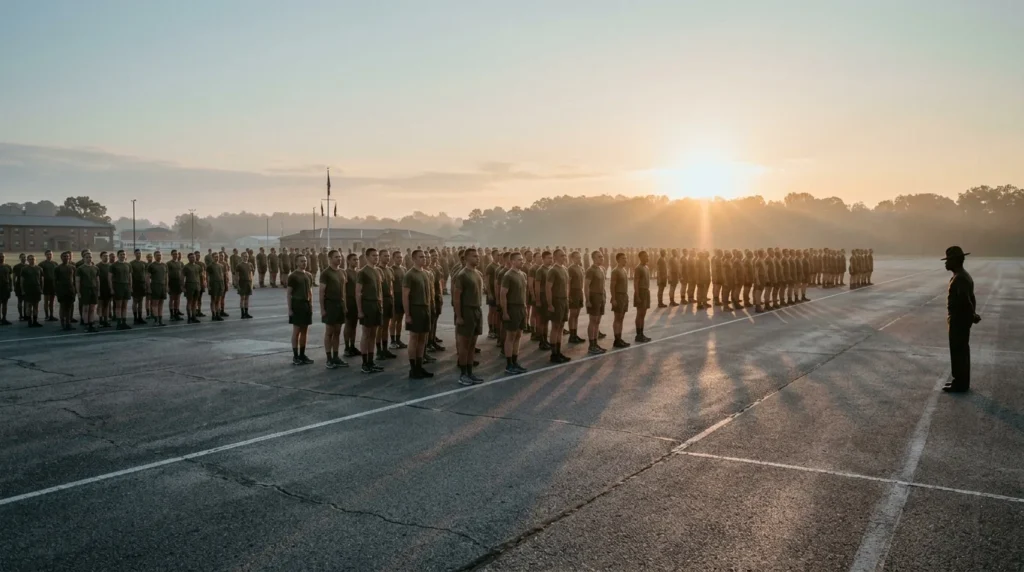 Army recruits standing in formation at dawn during 10-week Basic Combat Training