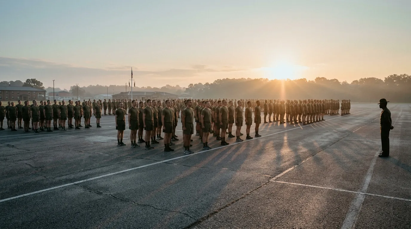 Army recruits standing in formation at dawn during 10-week Basic Combat Training
