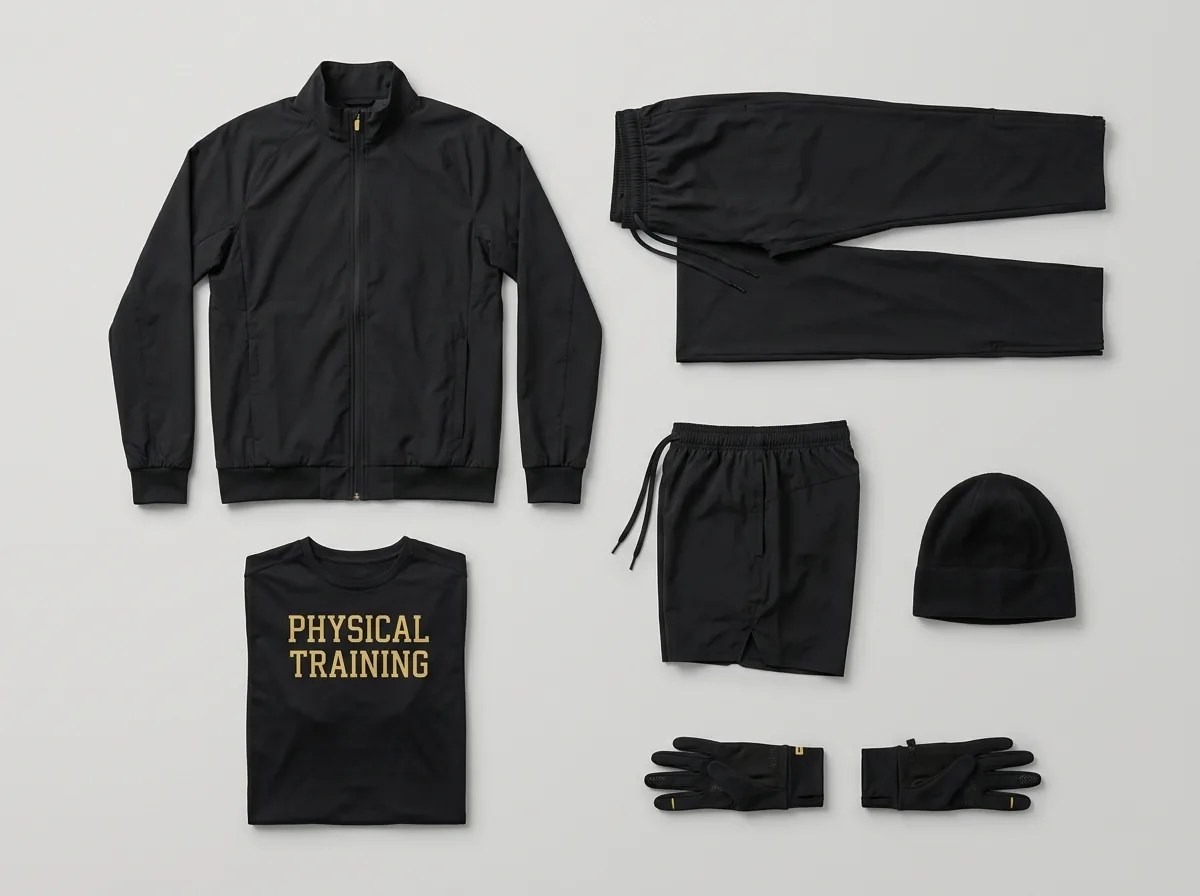 Complete Army Physical Fitness Uniform components: jacket, pants, trunks, T-shirt, fleece cap and gloves