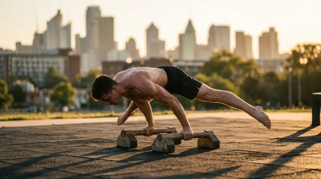 Calisthenics athlete holding a straddle planche on parallettes during an advanced calisthenics workout