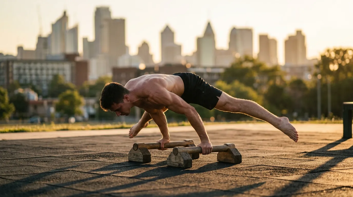 Calisthenics athlete holding a straddle planche on parallettes during an advanced calisthenics workout