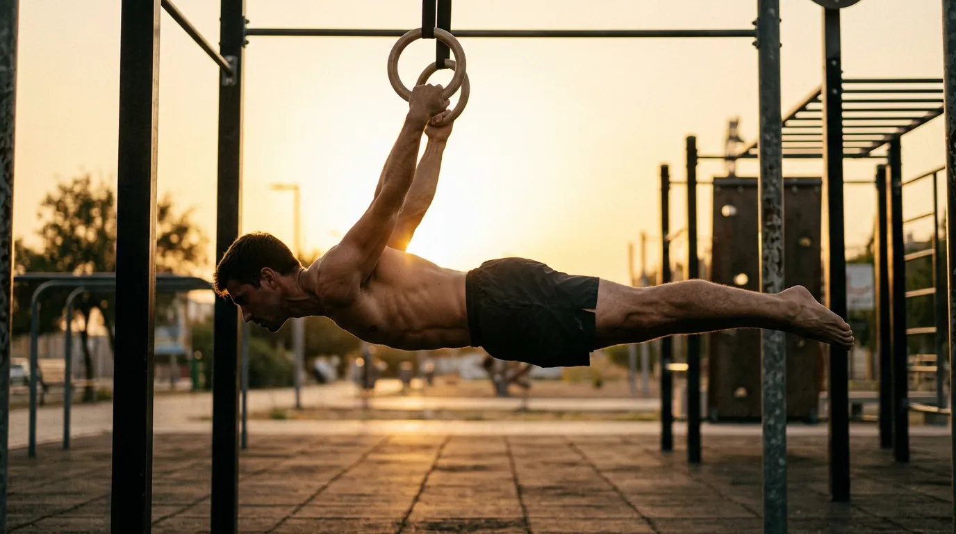 Ring front lever hold in an advanced calisthenics workout