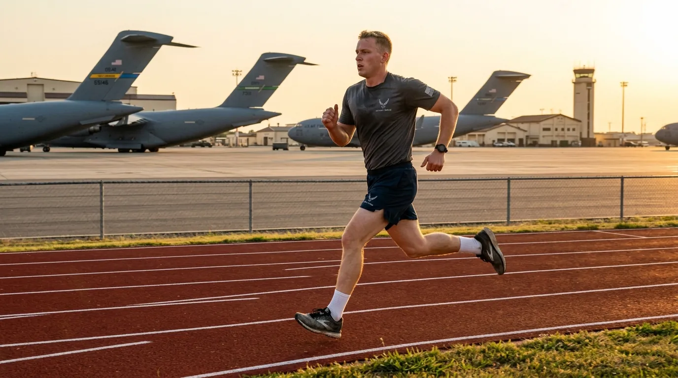 Airman running the 2-mile cardio event of the Air Force PT test on a base track at sunrise