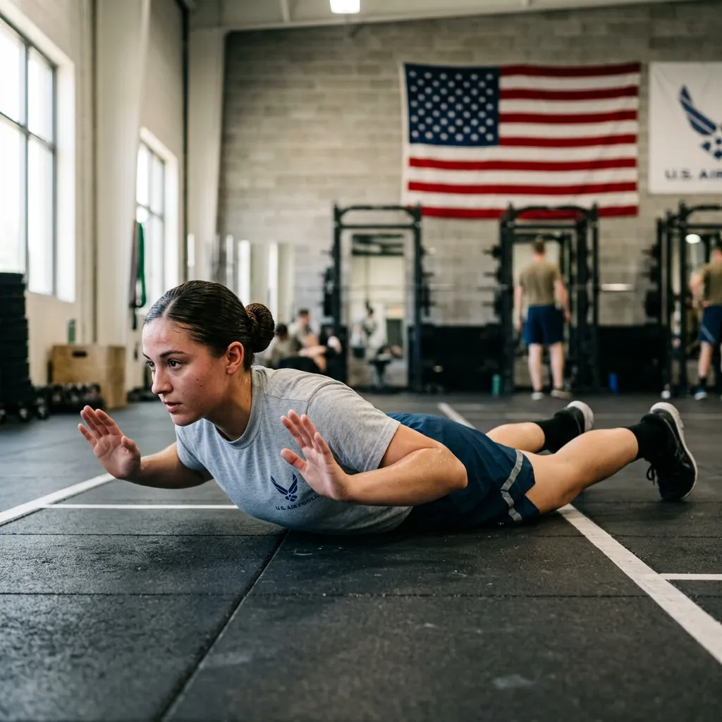 Female airman performing a hand-release push-up, the 2-minute upper-body option in the 2026 Air Force PT test