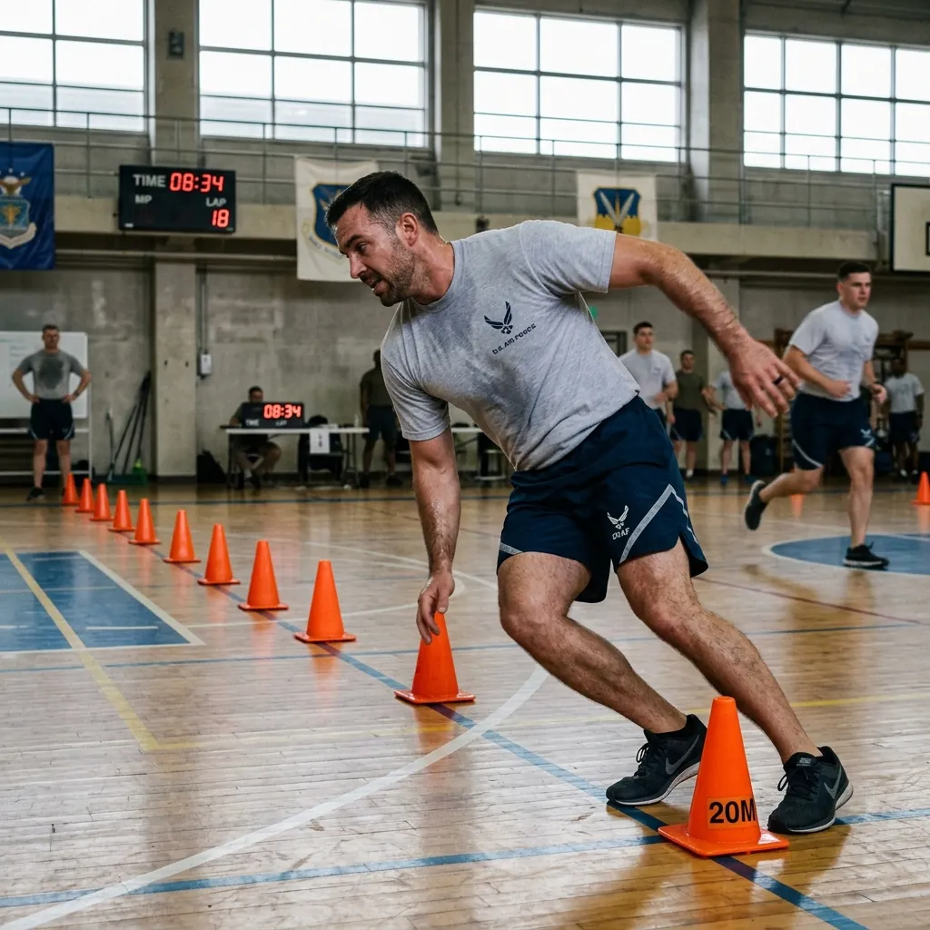 Airman turning at a cone during the 20-meter HAMR shuttle run, the cardio alternative to the 2-mile run in the Air Force PT test