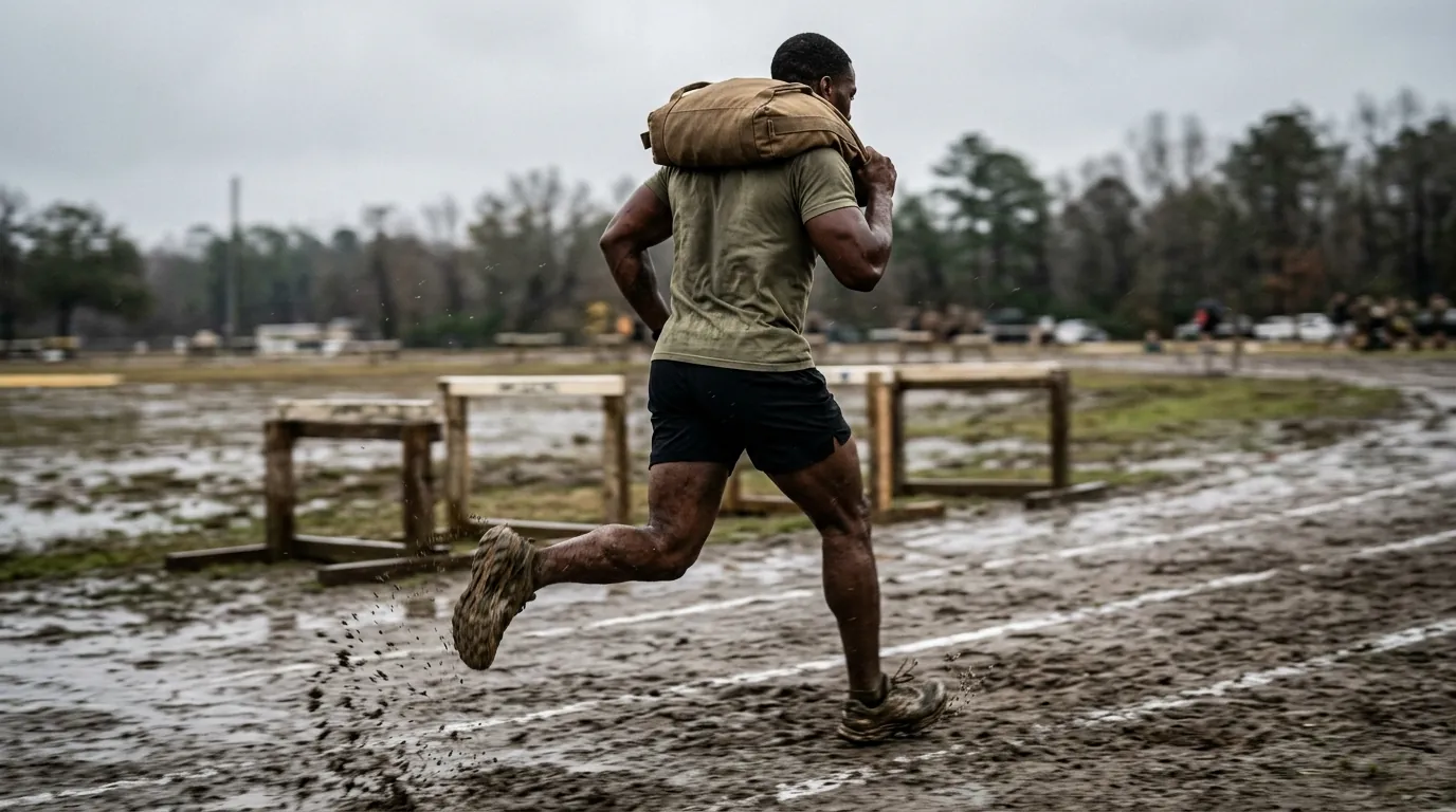 Athlete sprinting with a sandbag on a muddy track while following an army ranger workout plan