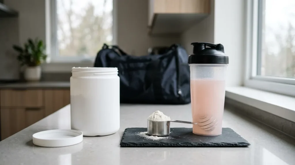 Unlabeled tub, scoop of powder, and shaker illustrating the best non-stimulant pre-workout supplement options