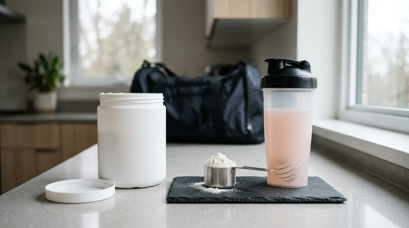 Unlabeled tub, scoop of powder, and shaker illustrating the best non-stimulant pre-workout supplement options