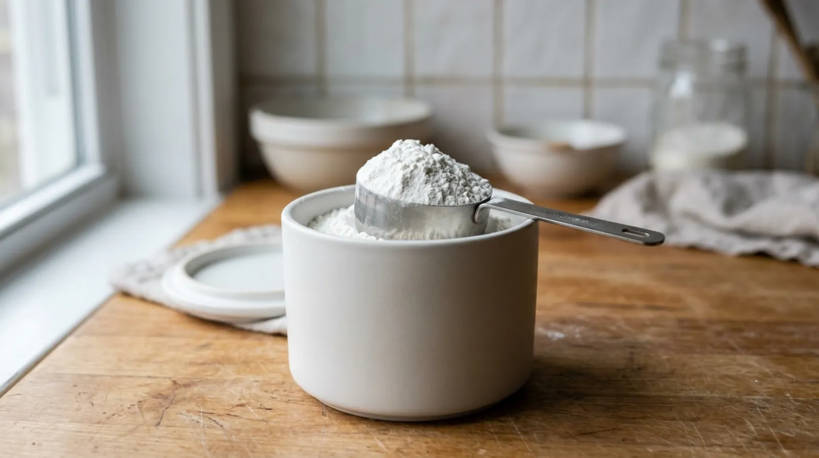 Non-stimulant pre-workout tub with a heaped measuring scoop