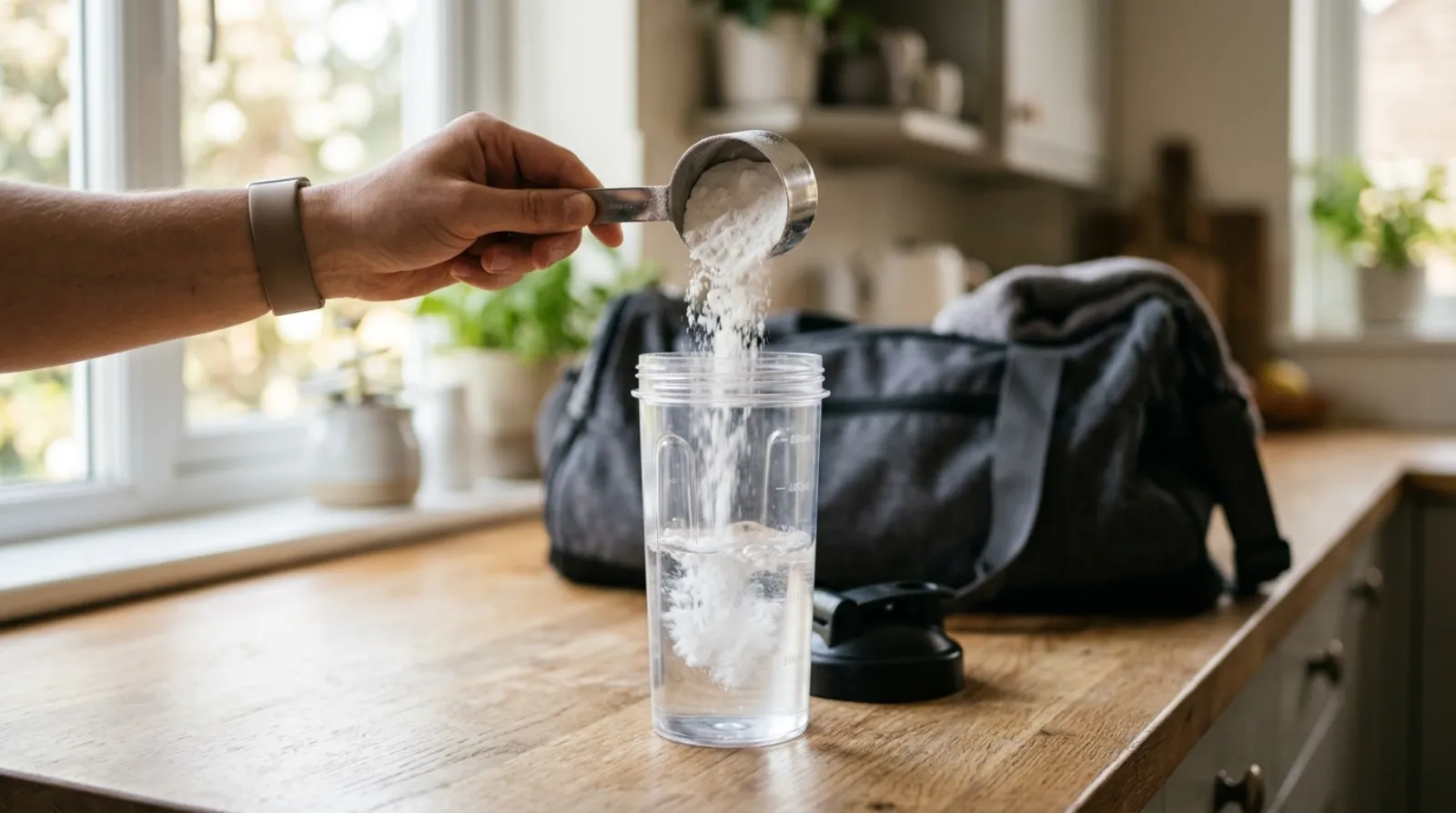 Non-stimulant pre-workout powder poured into a shaker bottle