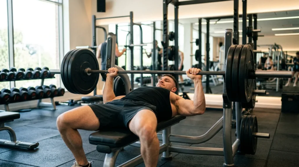 Lifter performing a barbell bench press on a push day of a 5-day workout split
