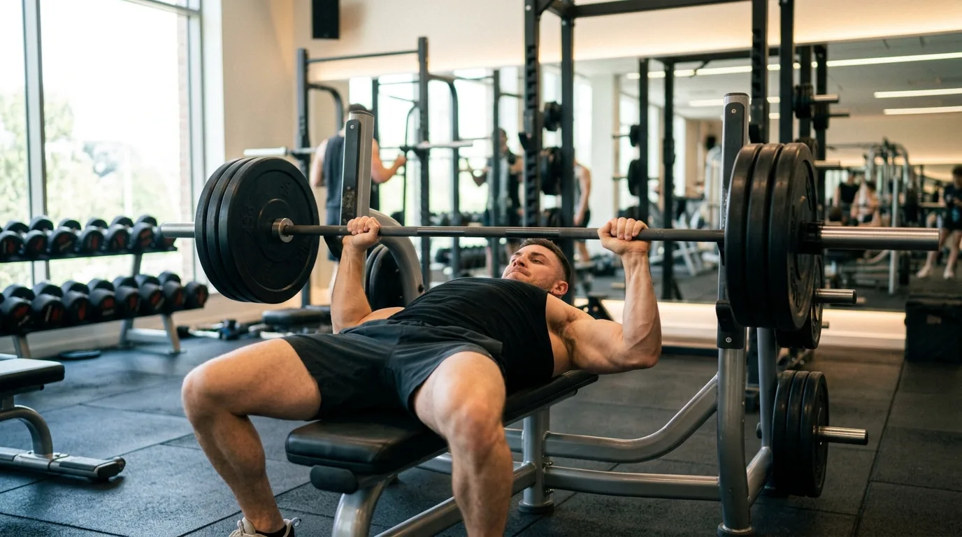 Lifter performing a barbell bench press on a push day of a 5-day workout split
