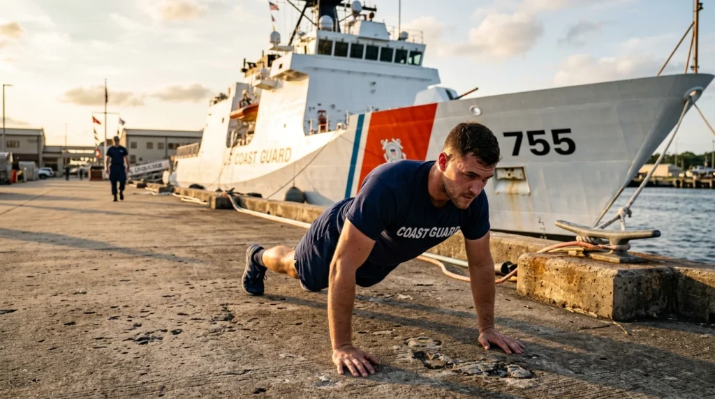 Coast Guard member doing push-ups on a pier during Coast Guard PFT training, with a cutter in the background