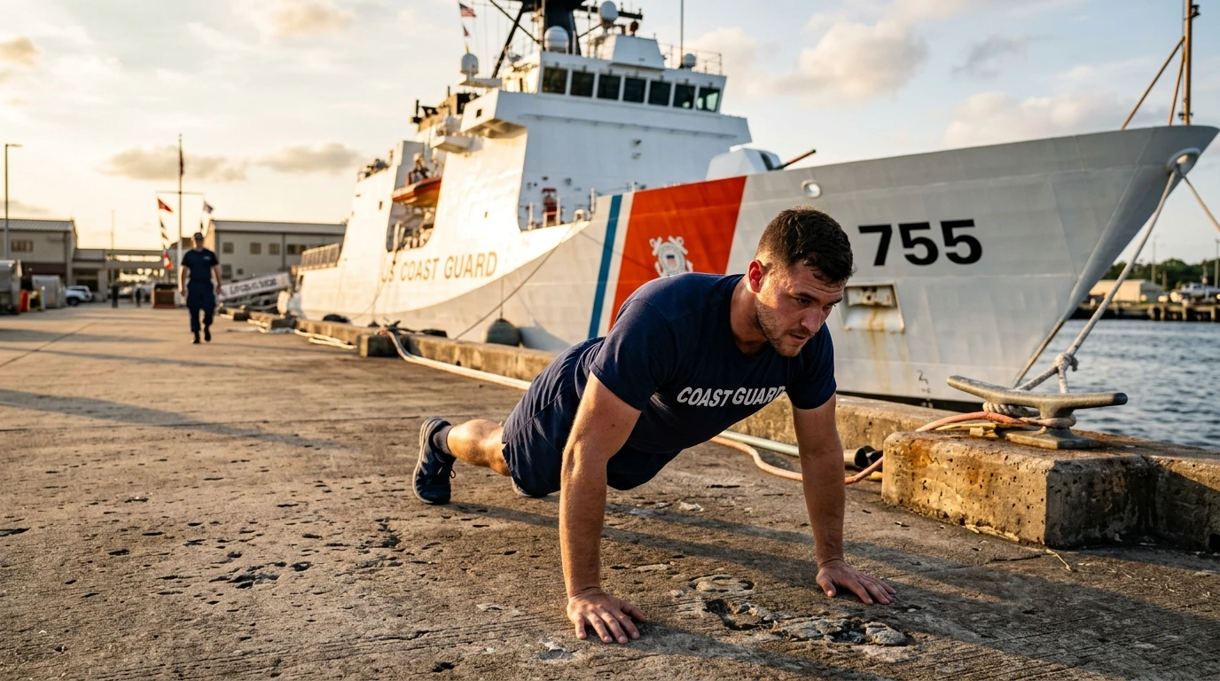 Coast Guard member doing push-ups on a pier during Coast Guard PFT training, with a cutter in the background