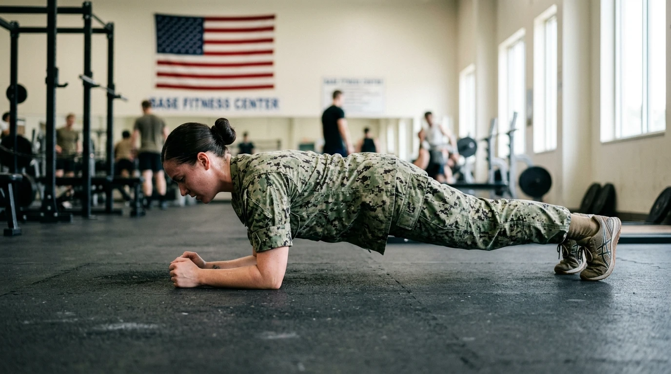 Female Coast Guard member holding a forearm plank with a straight body line, the core event that replaced sit-ups in the Coast Guard PFT