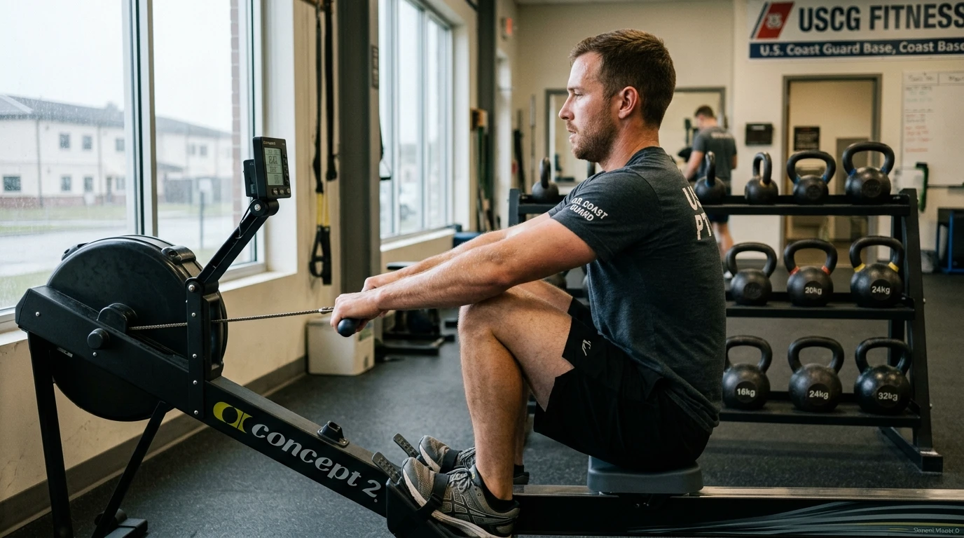 Coast Guard member training on a rowing machine, the 2,000-meter row cardio option of the Coast Guard PFT
