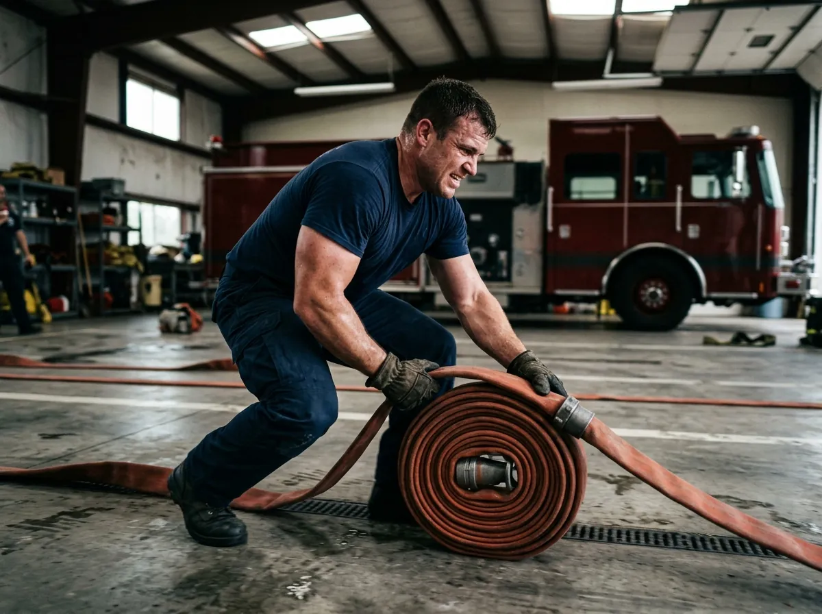 CPAT training plan hose drag component practiced by a firefighter candidate