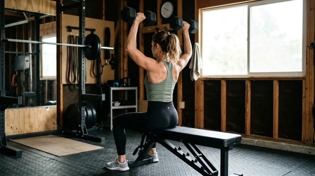 Woman performing seated overhead presses, one of the key dumbbell shoulder exercises for a home workout