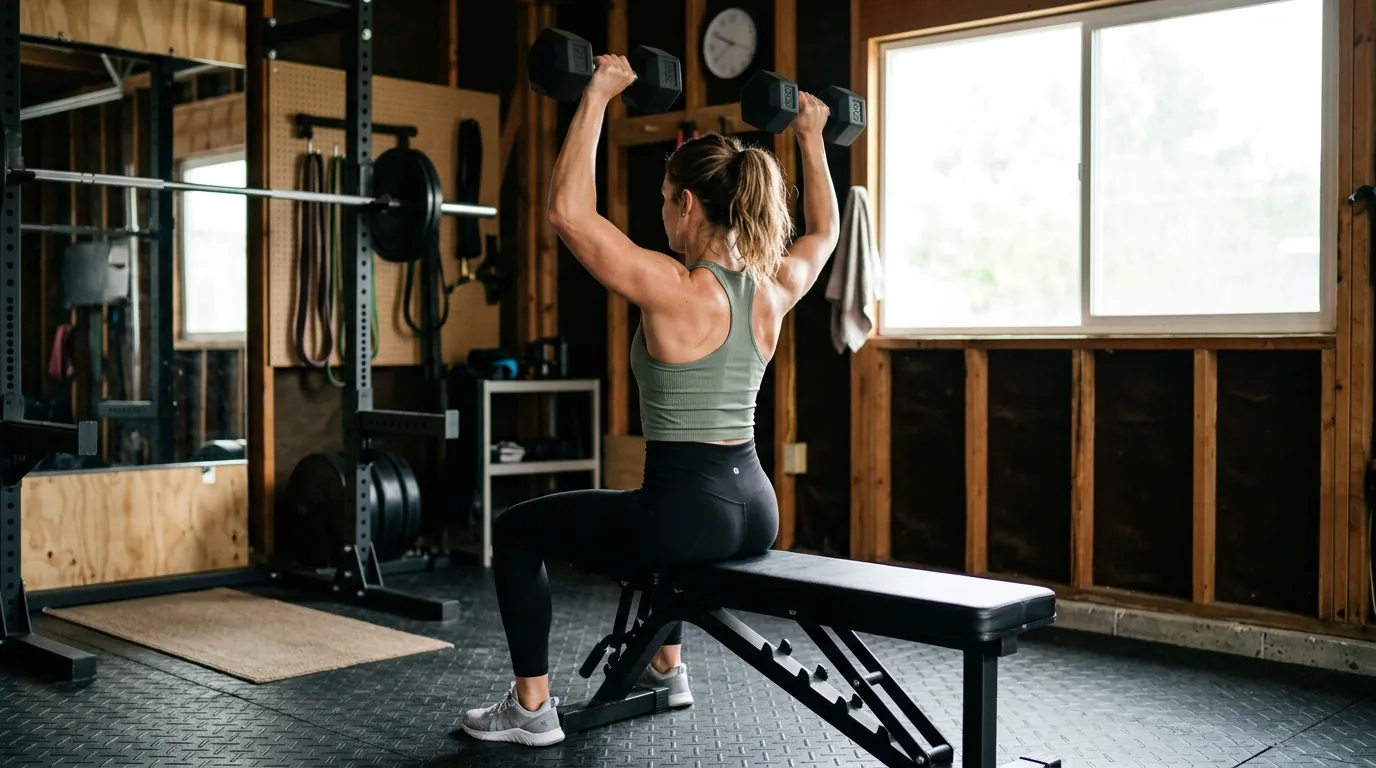 Woman performing seated overhead presses, one of the key dumbbell shoulder exercises for a home workout