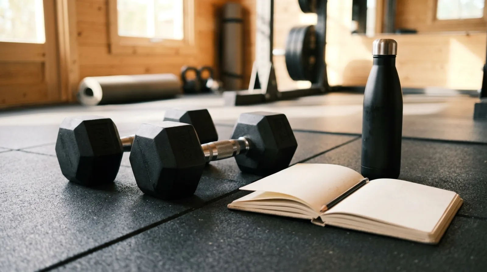 Home dumbbell shoulder session with a training log