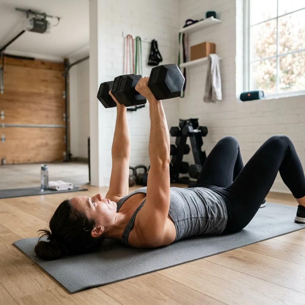 Woman performing a dumbbell floor press during day 1 upper body of the dumbbell workout plan PDF