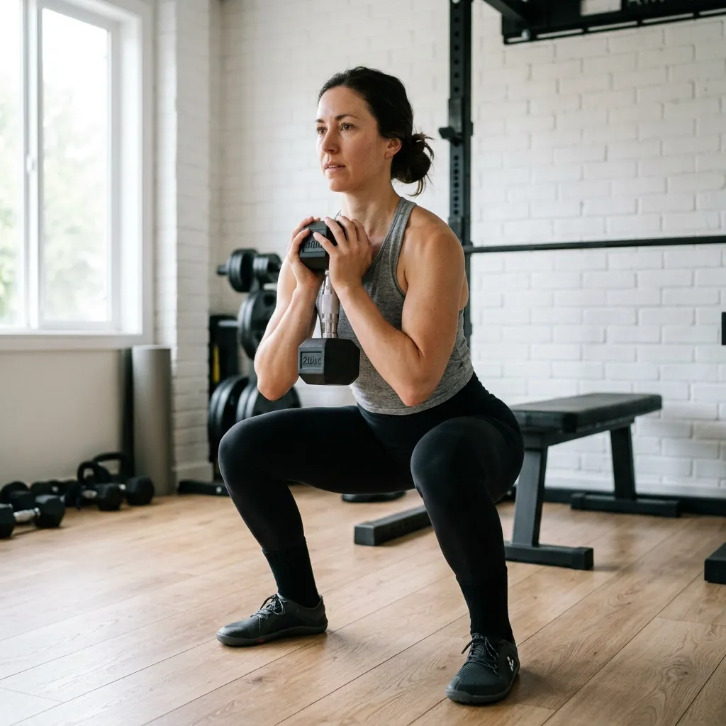 Goblet squat with a single dumbbell, day 2 lower body of the 4-week dumbbell workout plan