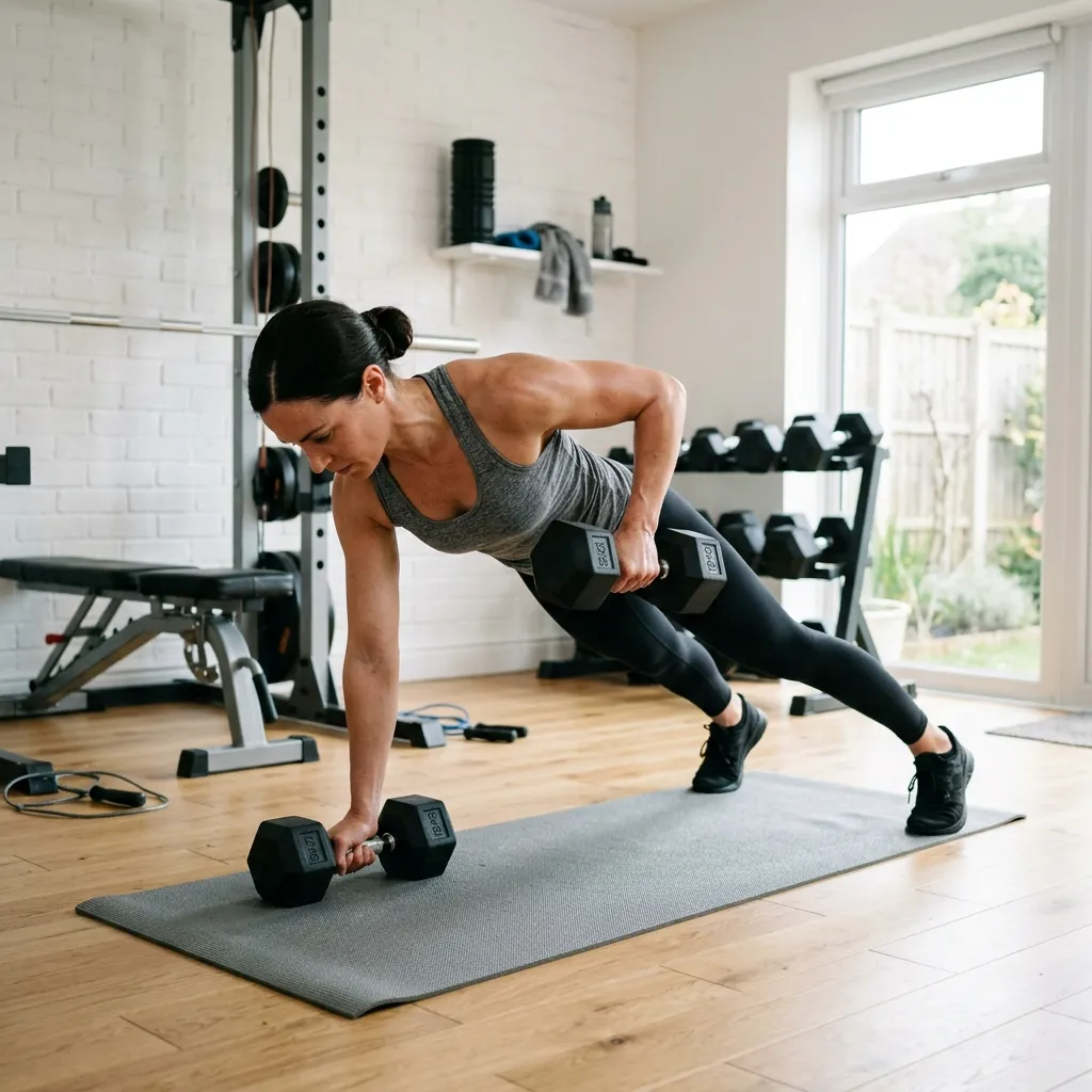 Renegade row in plank position with two dumbbells, day 5 full-body pull workout