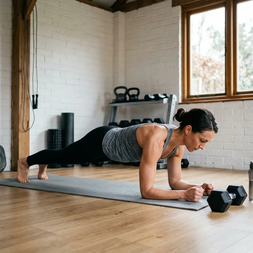 Forearm plank beside a dumbbell during the day 6 cardio and core session
