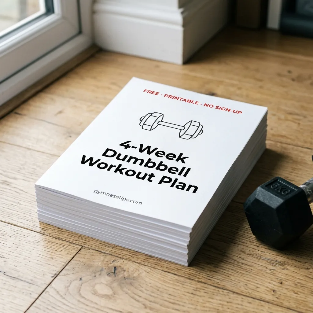 Cover of the free 4-week dumbbell workout plan PDF from Gymnase Tips