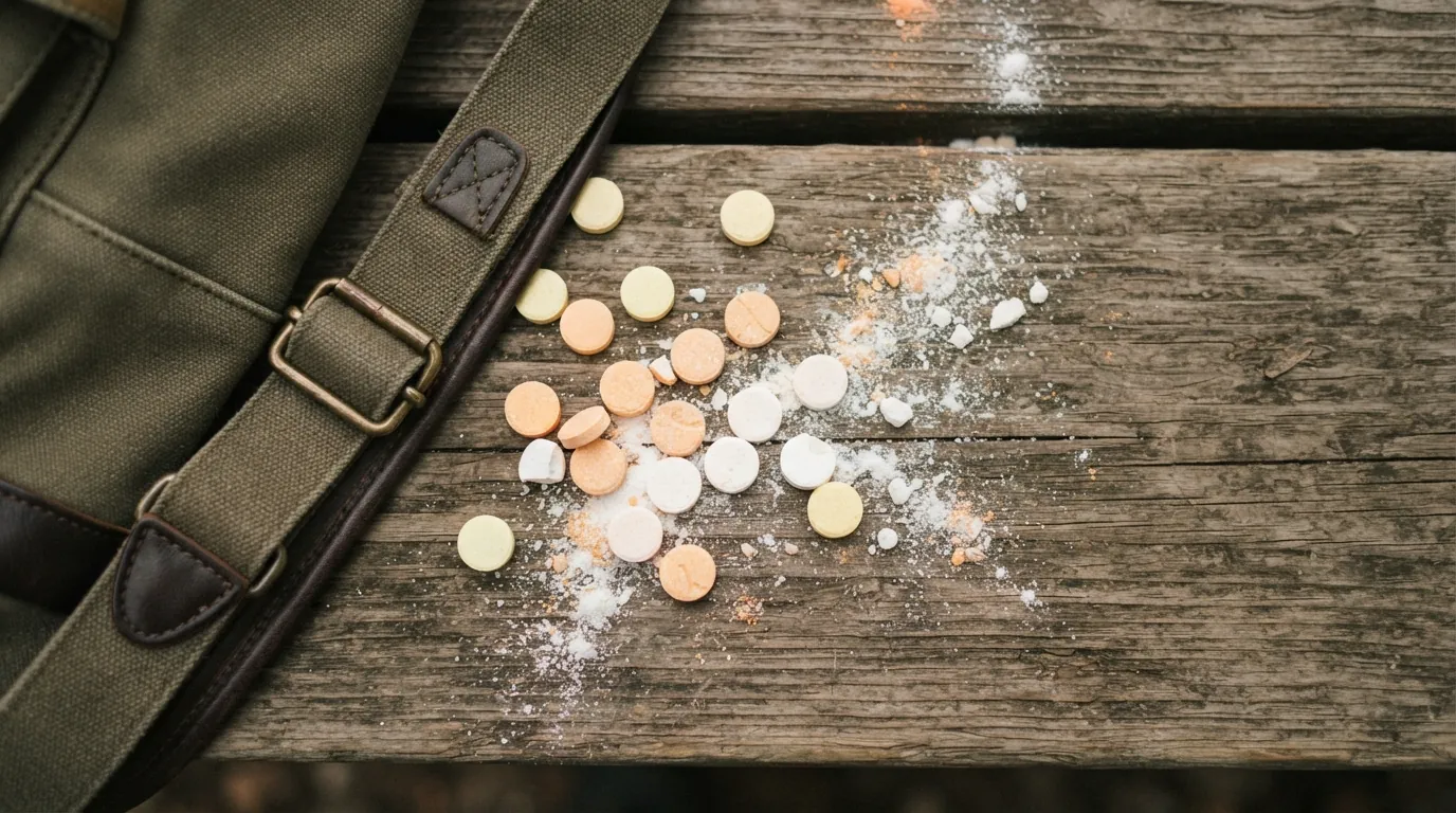 Electrolyte tablets and powder beside a rucksack, key supplies for electrolytes for rucking