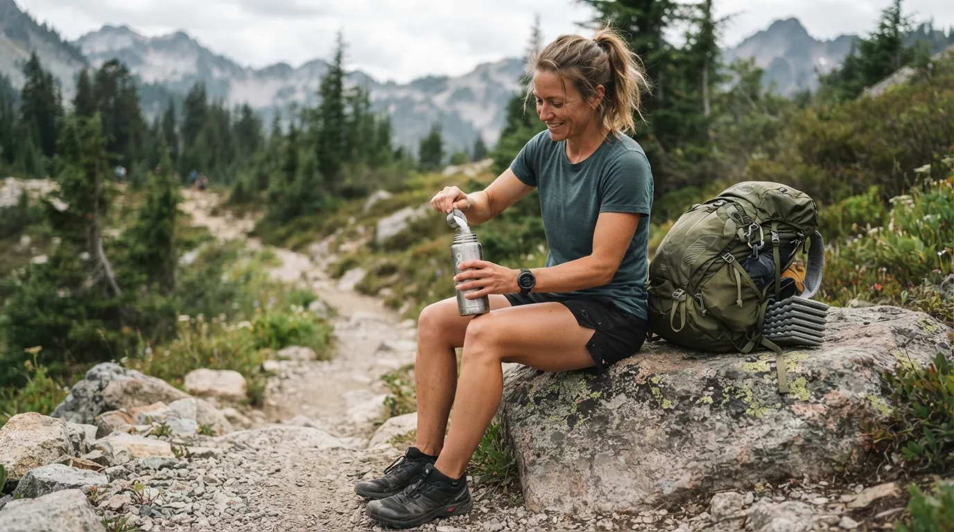 Rucker mixing electrolyte powder into a water bottle on the trail, showing how to dose electrolytes for rucking